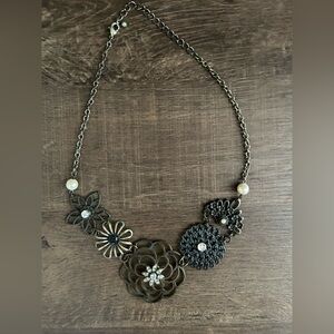 Floral Filigree Statement Necklace in Antique Gold Bronze Brass Mixed Metals
